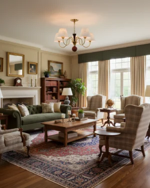 Five-head Sophia chandelier overhead view in traditional American living room with warm vintage decor and pendant lighting