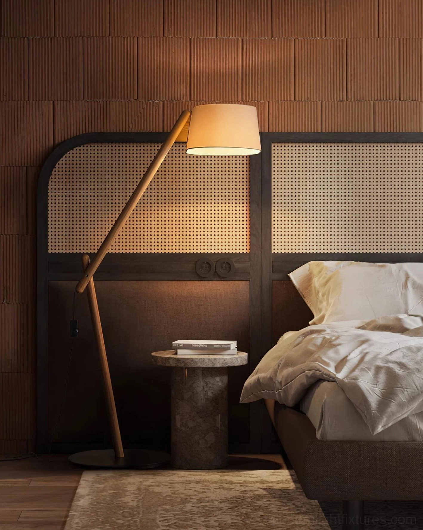 Sophisticated cantilever floor lamp with curved shade suspension in minimalist style
