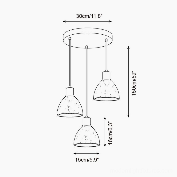 Soraya 3-head circular pendant light technical schematic side view 150cm height