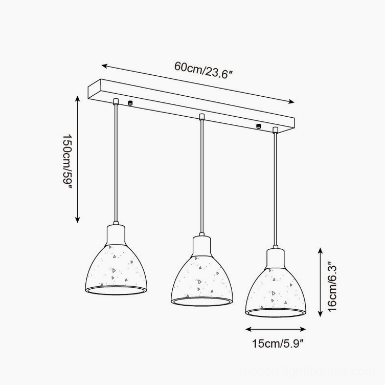 Soraya 3-head linear pendant light technical drawing 60cm bar 150cm height