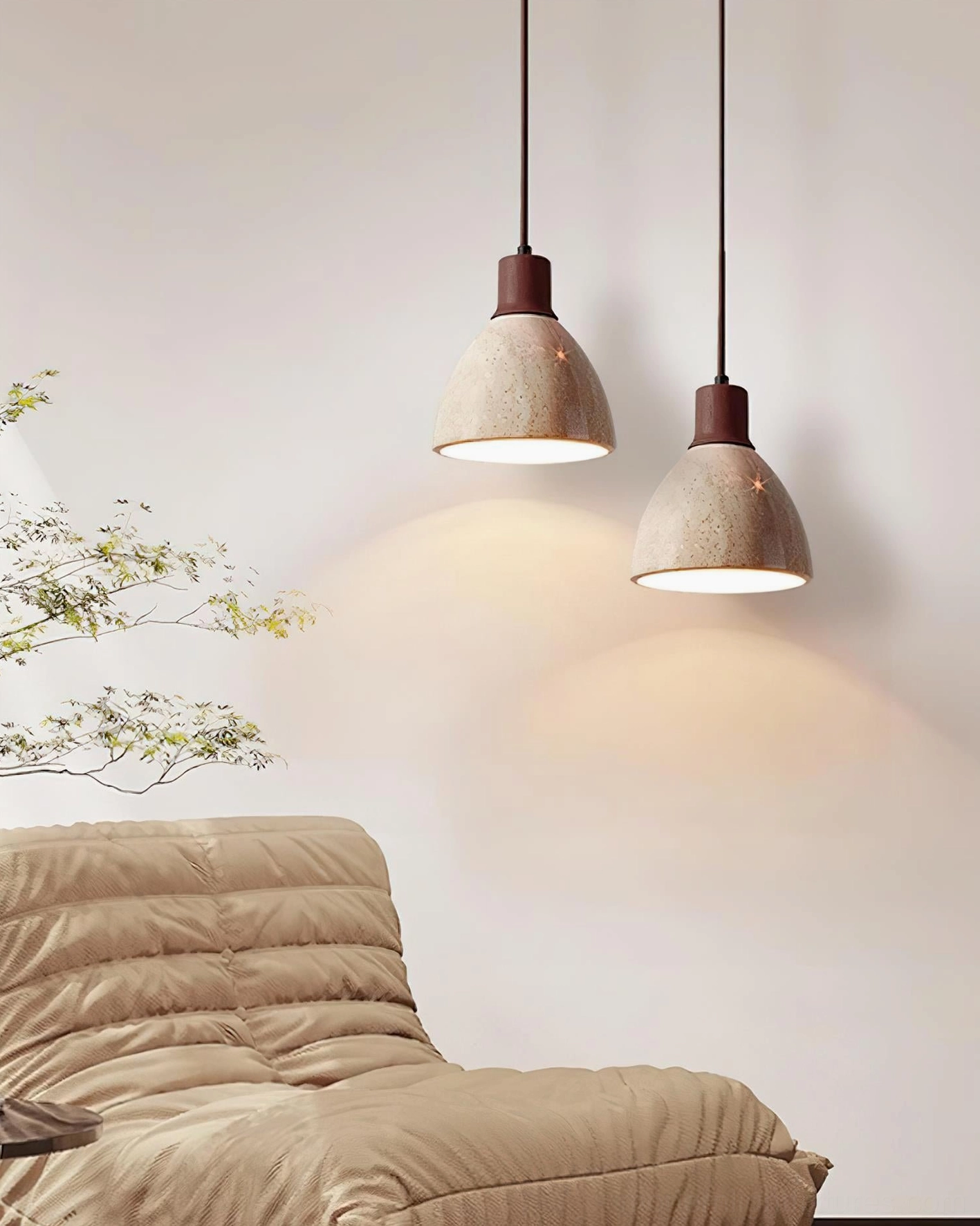 Soraya double pendant lights living room lounge japandi tan sofa decor