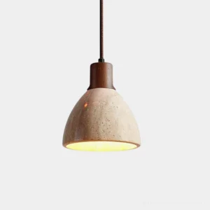 Soraya travertine pendant light single head warm wood accent close-up studio