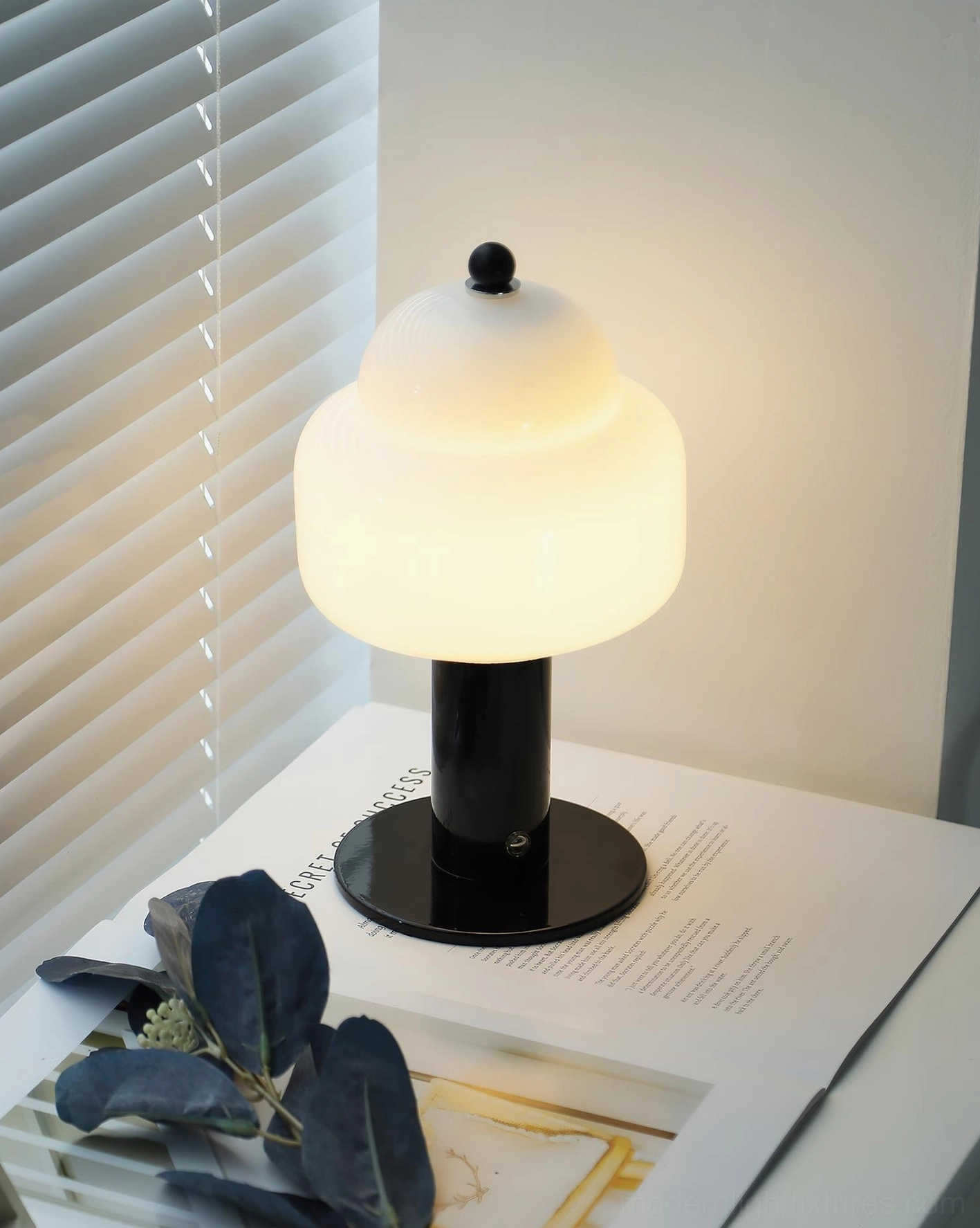Soreli black table lamp with frosted glass shade on nightstand with decorative greenery and window blinds