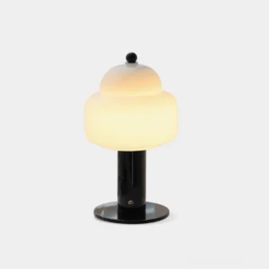 Soreli cloud glass table lamp with black metal base and frosted white shade, front view on white background