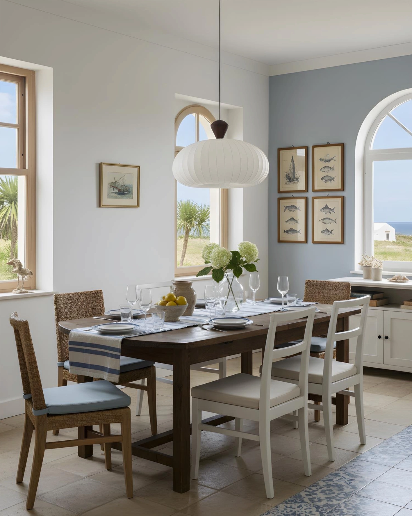 Single Sorella pendant lamp suspended above formal dining table with warm ambient lighting