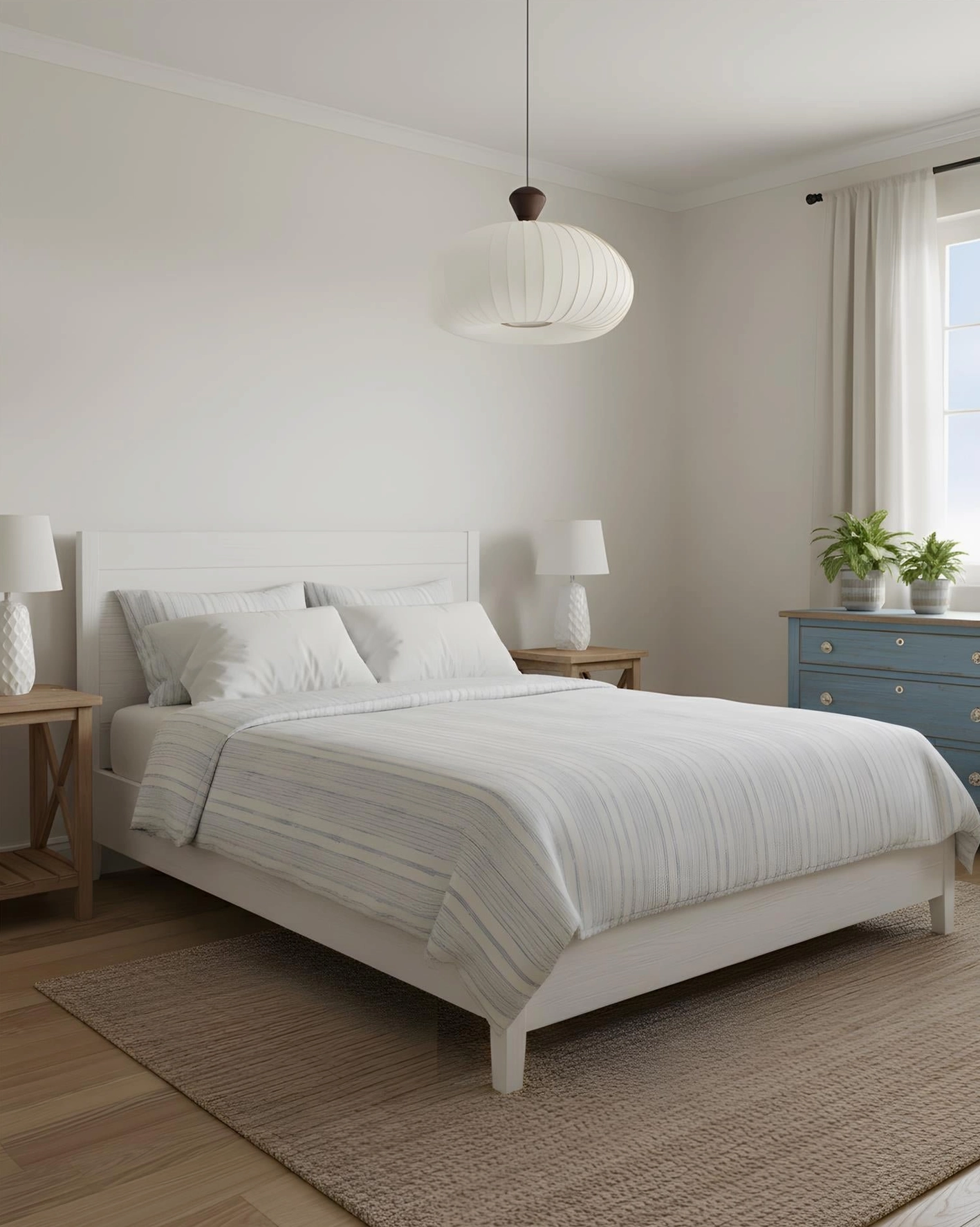 Sorella pleated pendant light installed in minimalist white bedroom above bed providing soft ambient glow