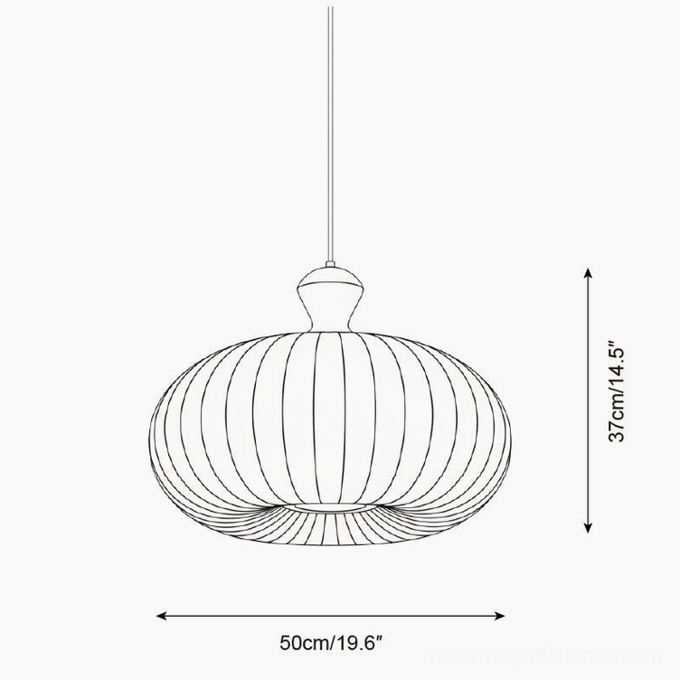 Technical line drawing schematic of large Sorella pendant lamp 50cm diameter 37cm height pleated shade