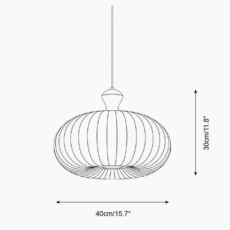 Technical line drawing schematic of medium Sorella pendant lamp 40cm diameter 30cm height pleated fabric design