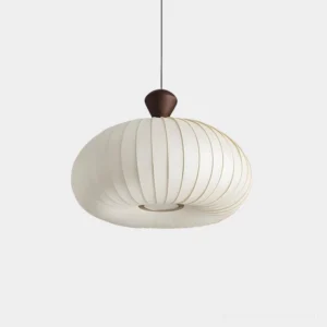 Sorella pleated fabric pendant lamp front view with ribbed off-white shade and dark wood-tone metal cap on white background