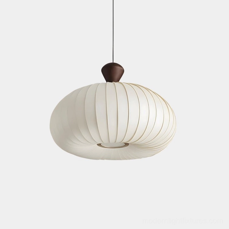 Sorella pleated fabric pendant lamp front view with ribbed off-white shade and dark wood-tone metal cap on white background