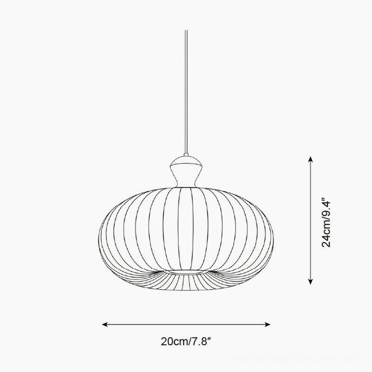 Technical line drawing schematic of small Sorella pendant lamp 20cm diameter 24cm height with pleated design