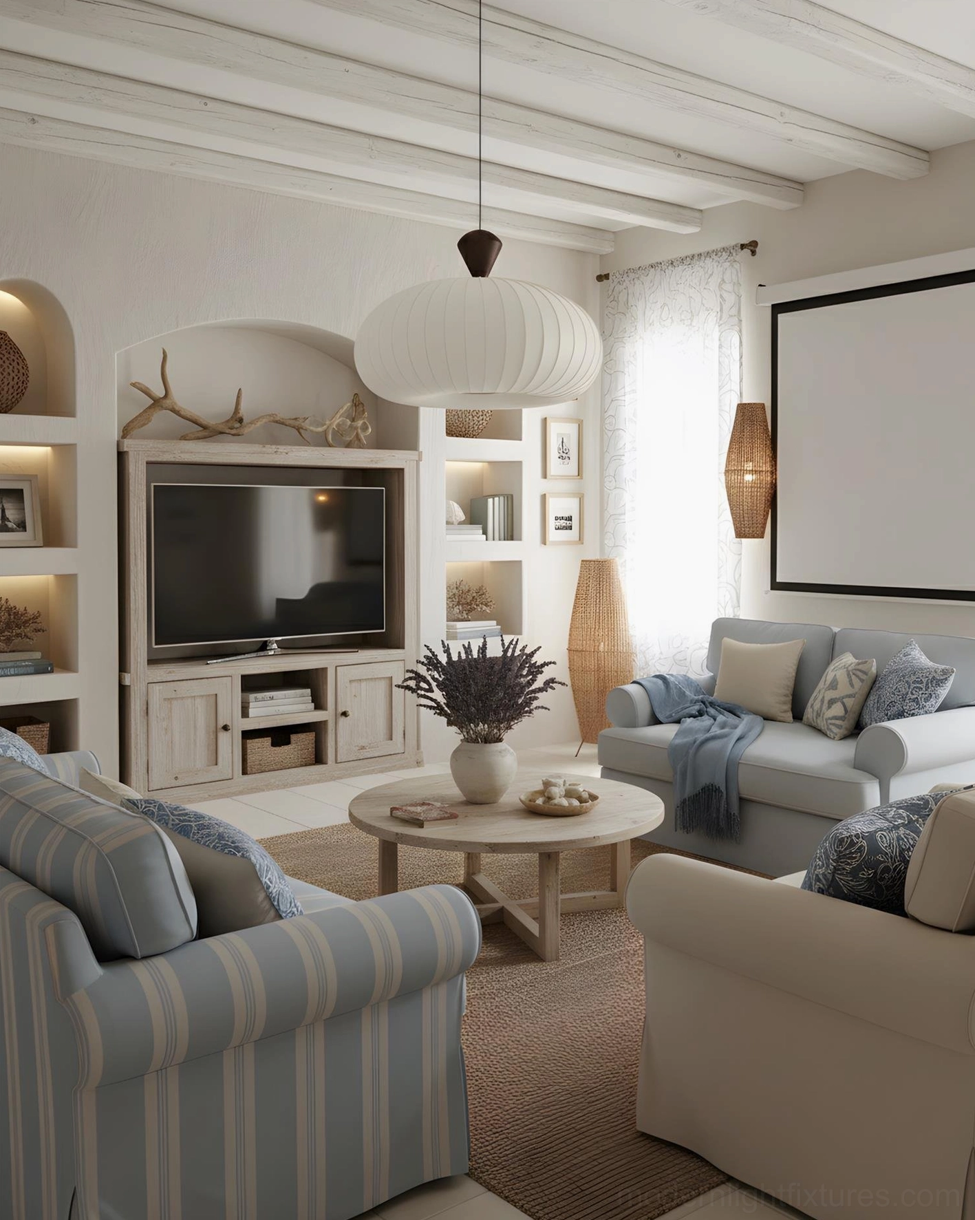 Multiple off-white ribbed pendant lights clustered above cozy family lounge seating area