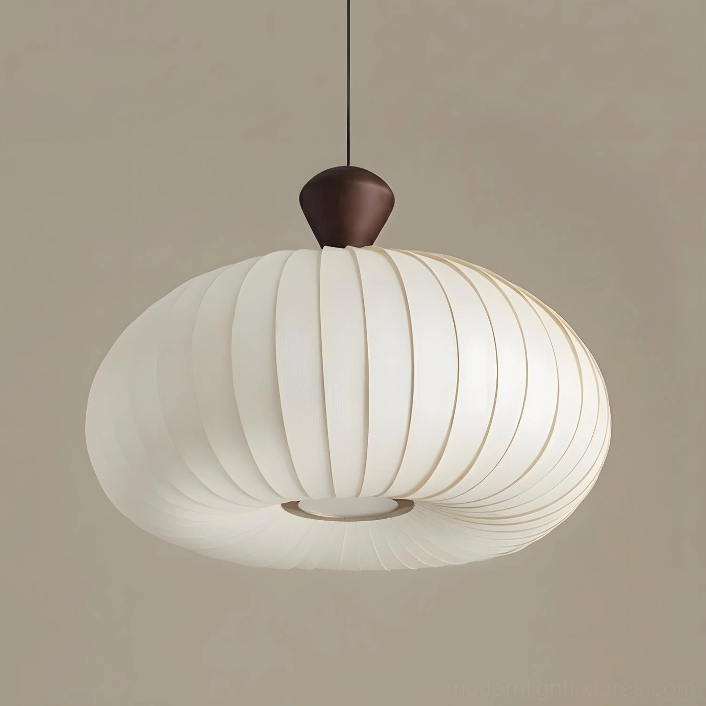Sorella pleated fabric pendant lamp in white with dark wood-tone cap shown at natural viewing angle