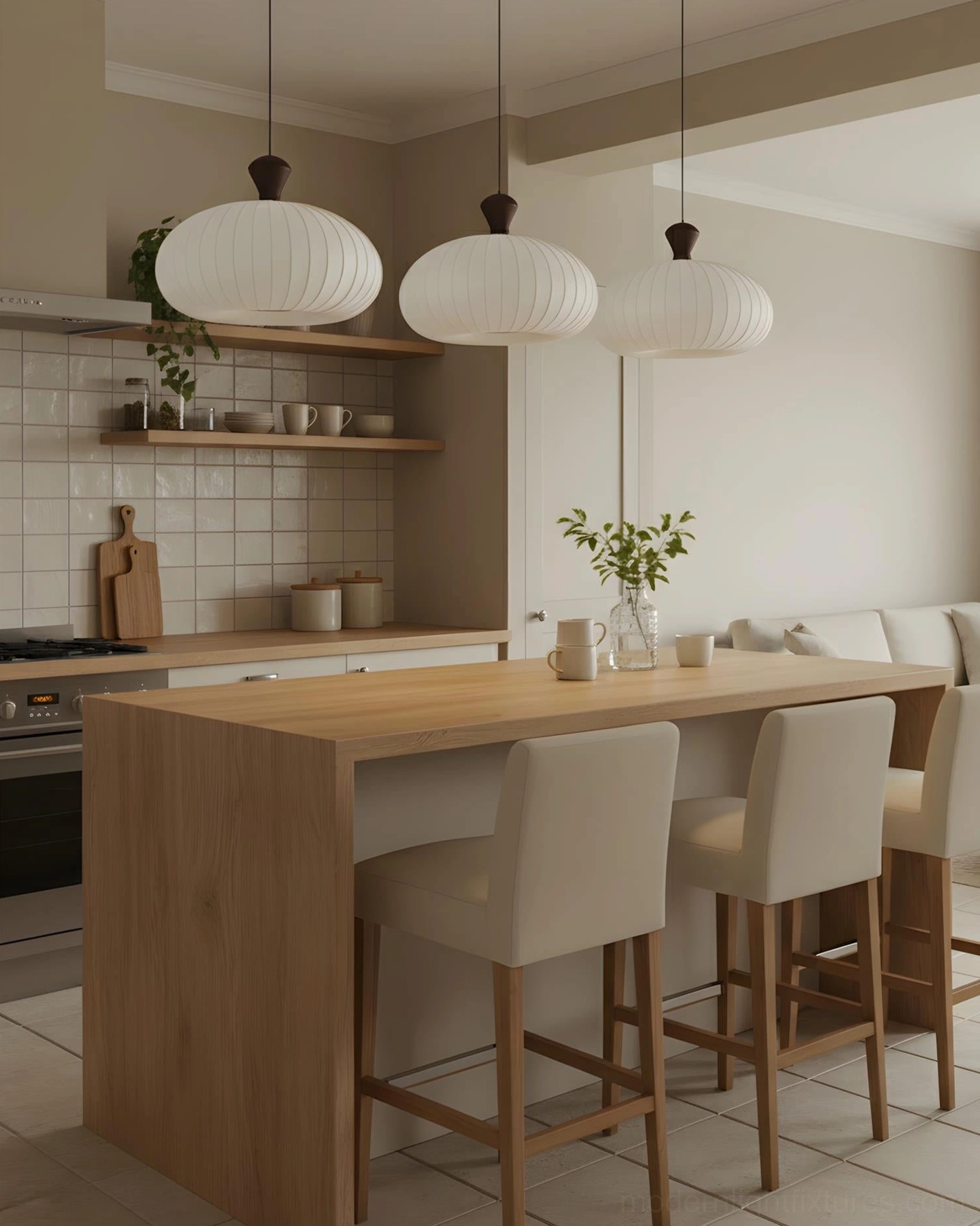 Three matching off-white pleated Sorella pendant lamps above wooden island counter in warm kitchen dining nook