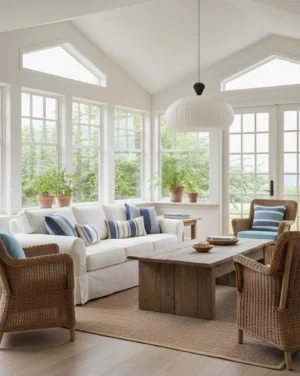 Modern pendant light hanging in bright sunlit living room with coastal aesthetic and contemporary furniture