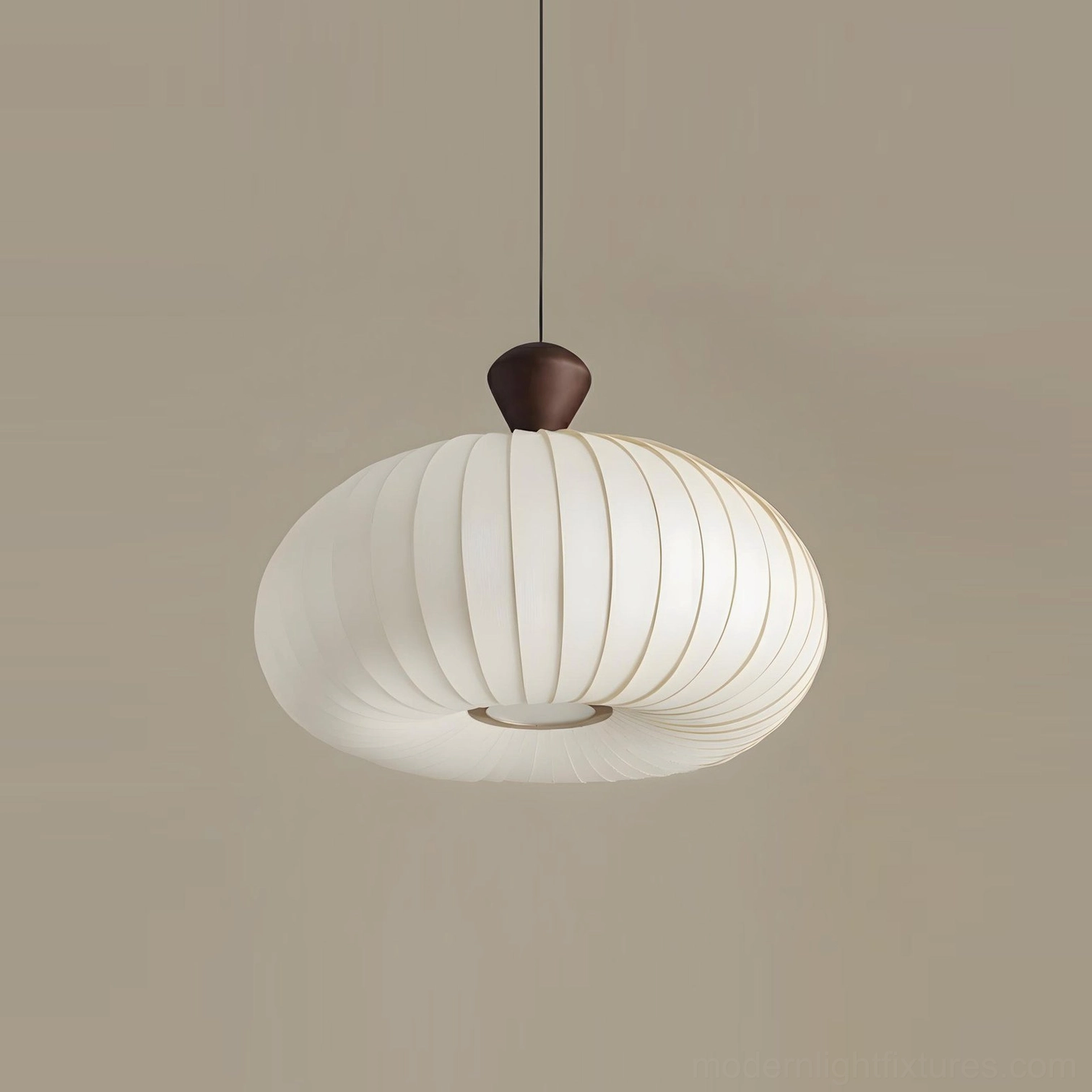 Small Sorella pendant lamp 20cm diameter with pleated fabric shade and wood-tone metal finish accent