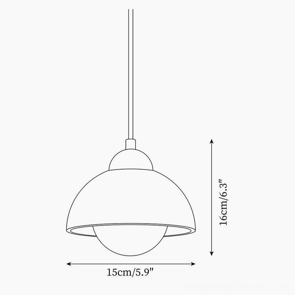 Soren travertine dome pendant light technical drawing showing dimensions 15cm diameter 16cm height