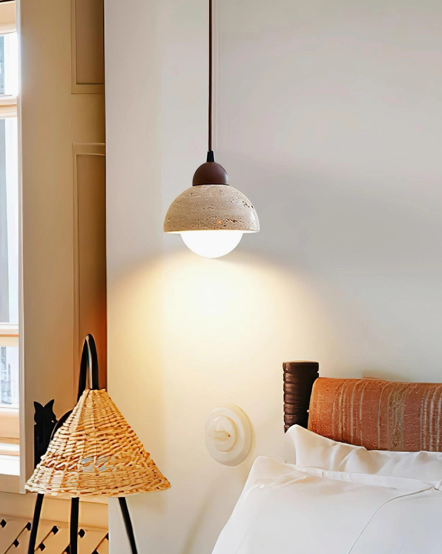 Soren travertine pendant light fixture hardware metal accents glass elements detail