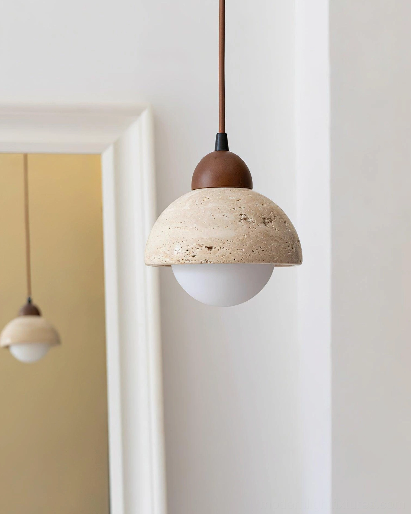 Soren travertine pendant light leather cable suspension detail premium material quality