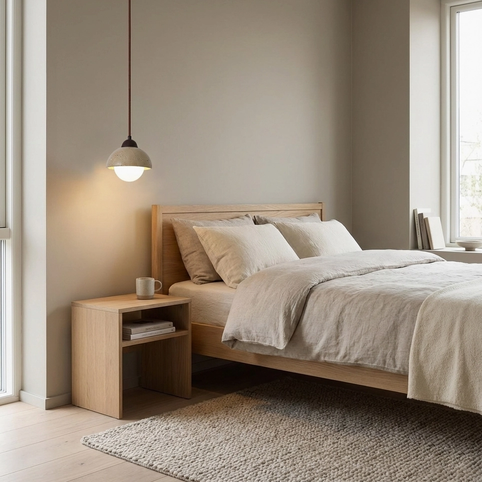 Soren travertine pendant light in calm minimalist bedroom with wooden bed frame soft lighting