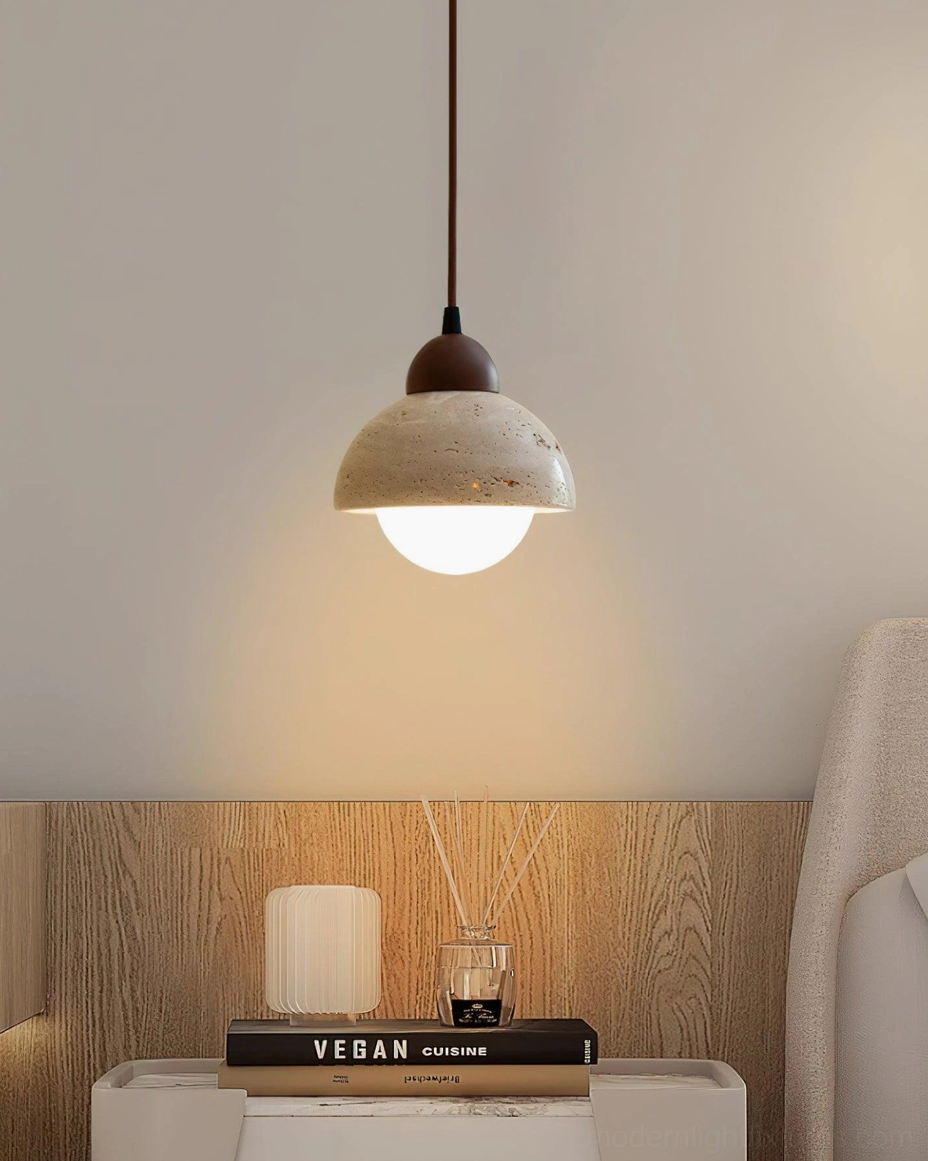 Soren travertine pendant light natural stone texture surface characteristics visible
