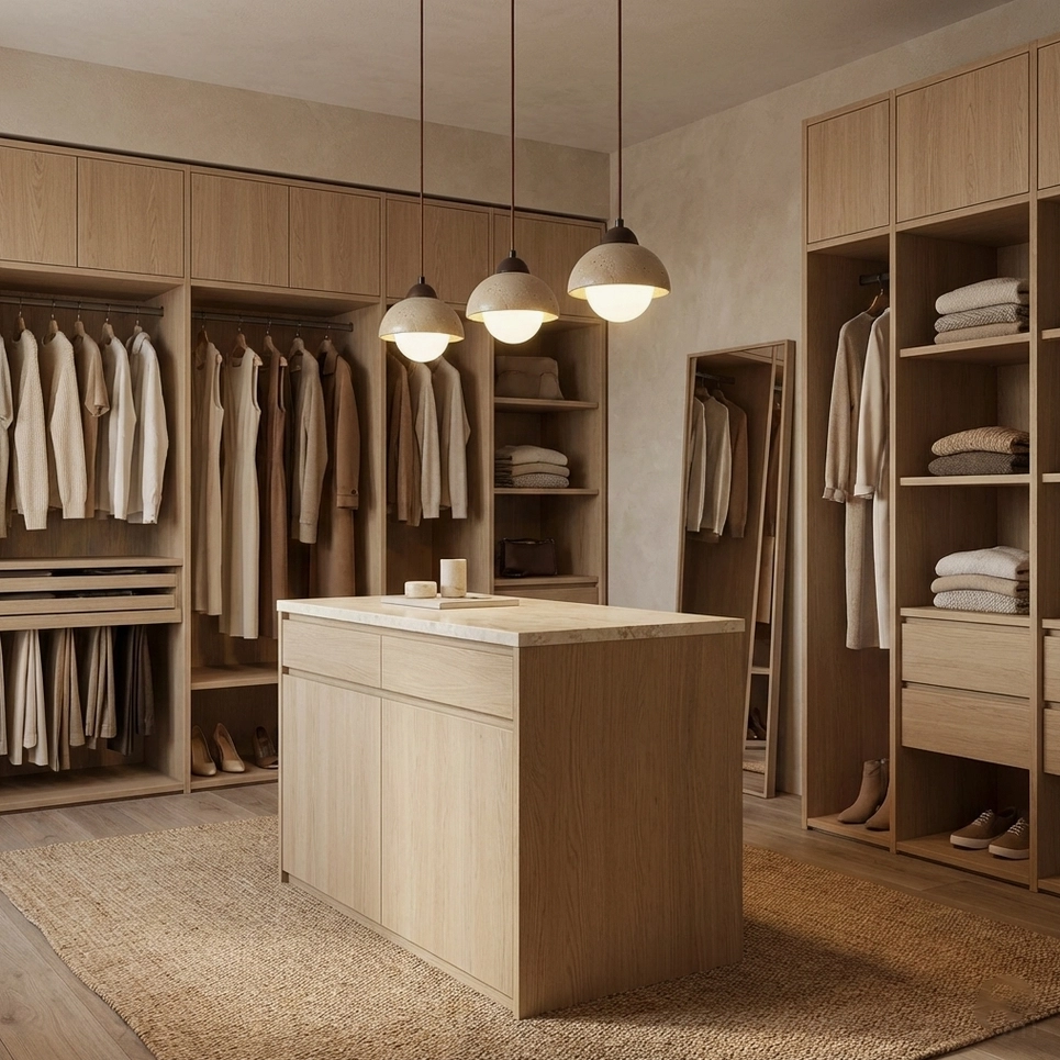 Multiple Soren travertine pendant lights installed in walk-in wooden closet bright rustic storage