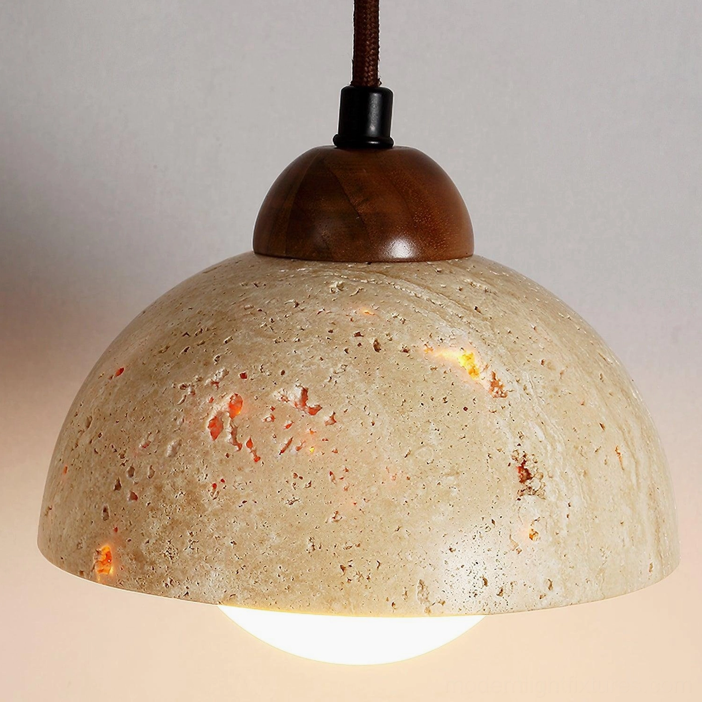 Soren travertine dome pendant light full product display against plain background studio