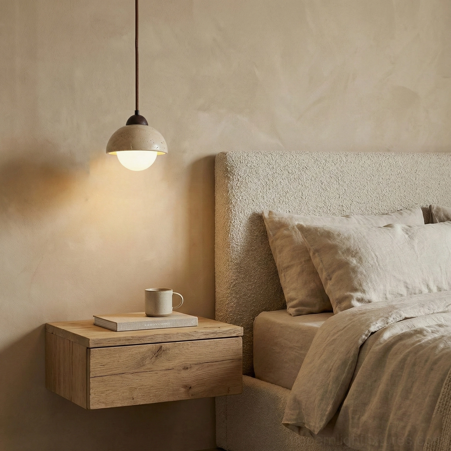 Soren travertine dome pendant light with walnut color shade modern minimalist hallway