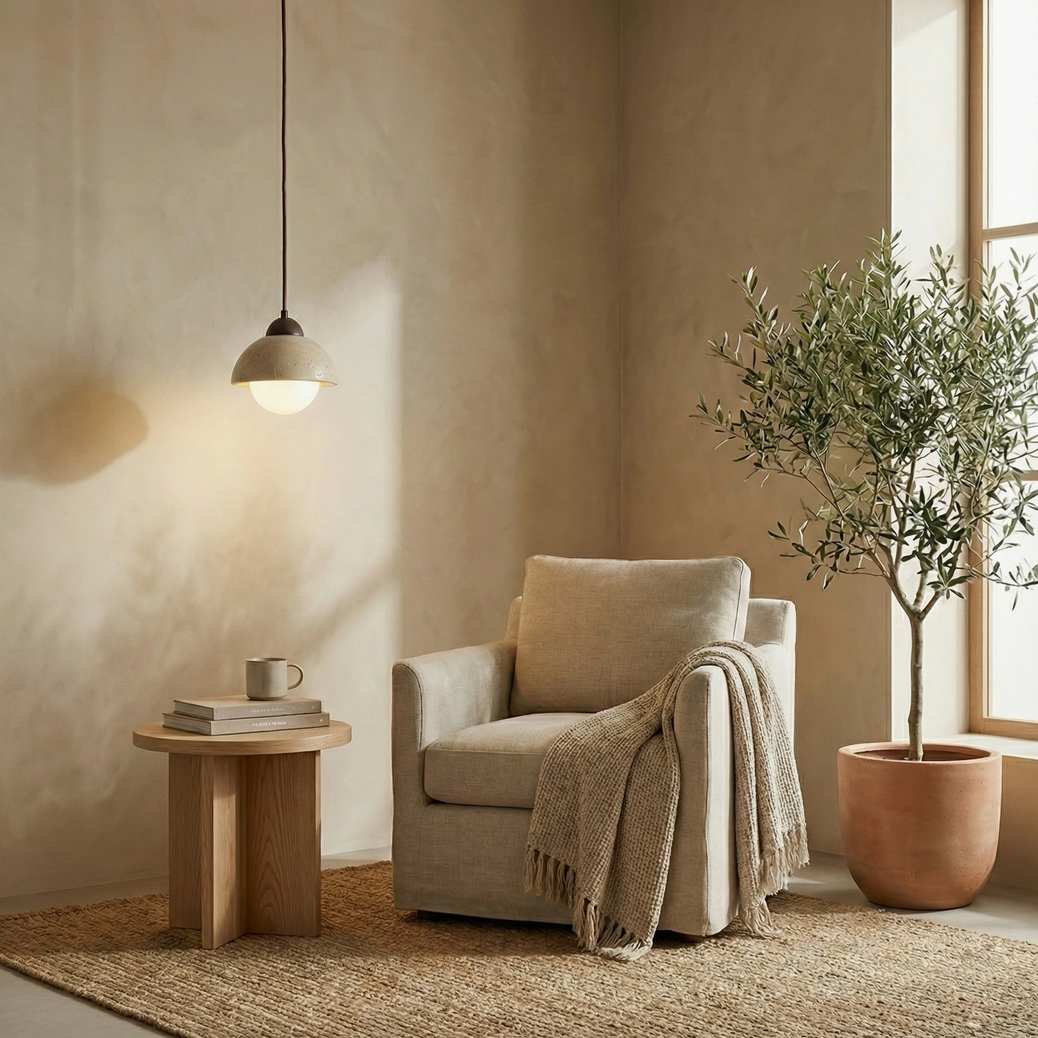 Soren white travertine pendant light in contemporary minimalist interior soft diffused glow