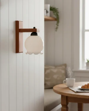 Single Sorra wall sconce in dining nook with shiplap walls, wooden bracket and wavy glass shade