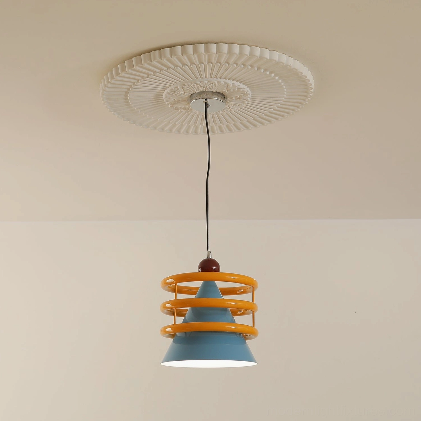 Sowden geometric cone pendant lamp left-angle perspective, metal shade rings and finial design