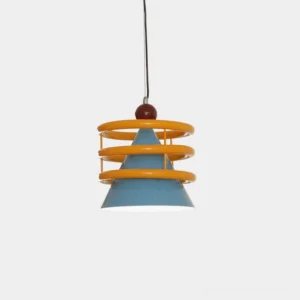 Sowden geometric cone pendant light with yellow and blue color-block metal rings and warm sphere finial in studio front view
