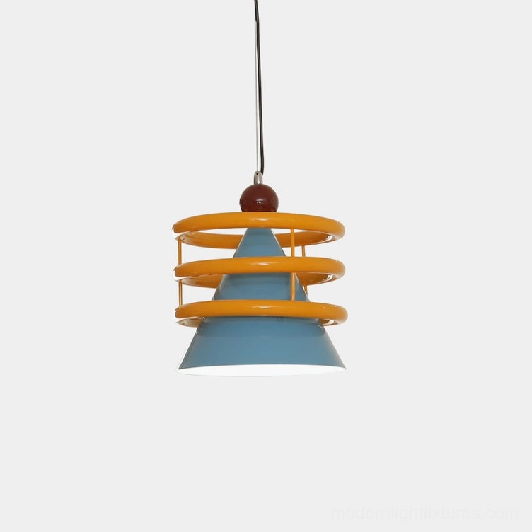 Sowden geometric cone pendant light with yellow and blue color-block metal rings and warm sphere finial in studio front view