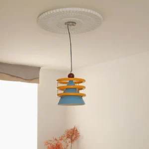 Sowden pendant light installed in residential room with window and dried plant decor, illuminated geometric shade