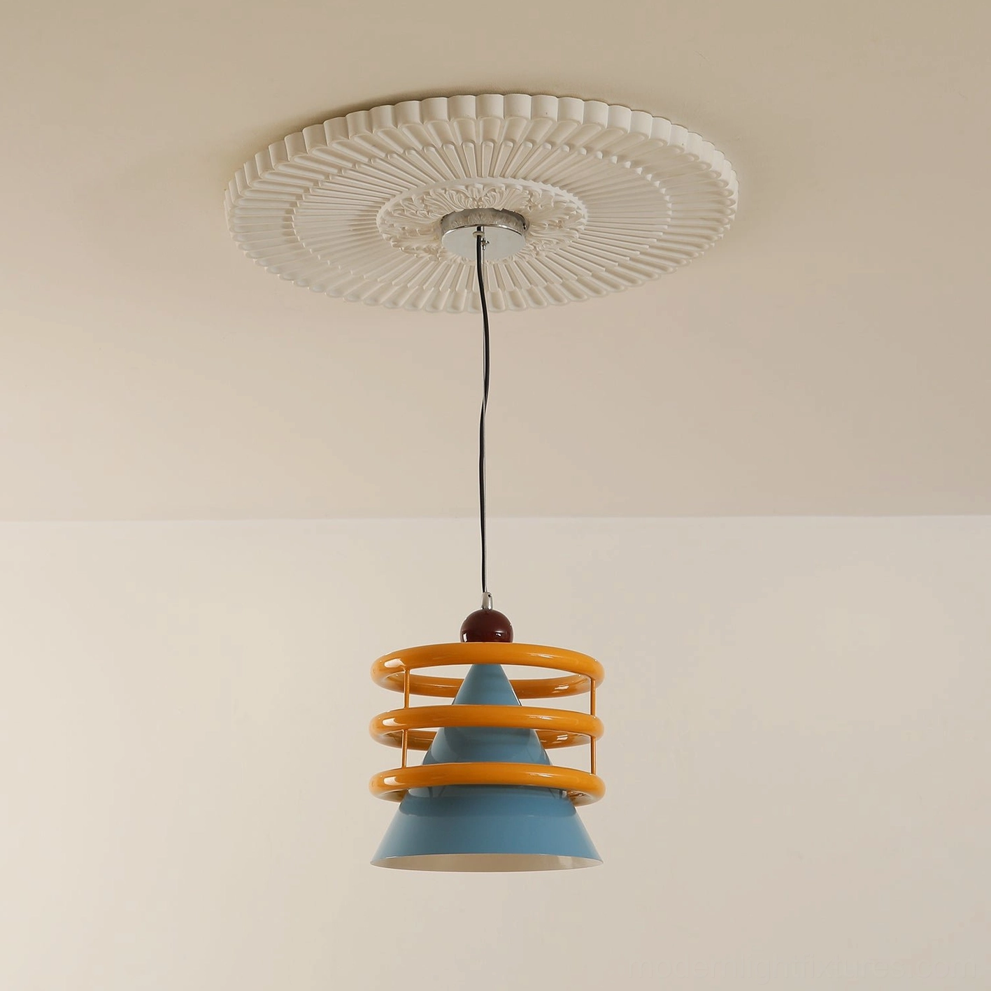 Sowden cone pendant light mounted on ceiling rose, low angle view showing standard hardwired installation