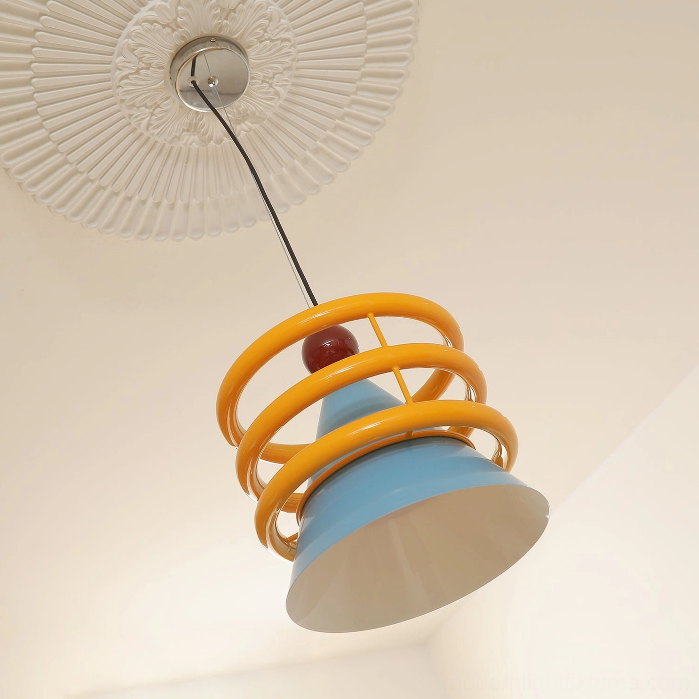 Sowden pendant lamp postmodern Memphis design aesthetic with bold color-blocking and sphere finial