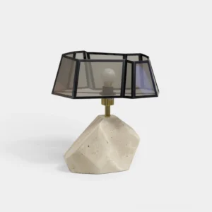 Spectra geometric table lamp with travertine base and faceted smoked glass shade, front view studio photography