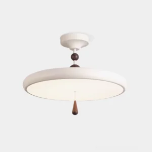 Modern Spectrum Ring semi-flush ceiling light fixture with white metal frame and walnut wood accent, teardrop finial detail