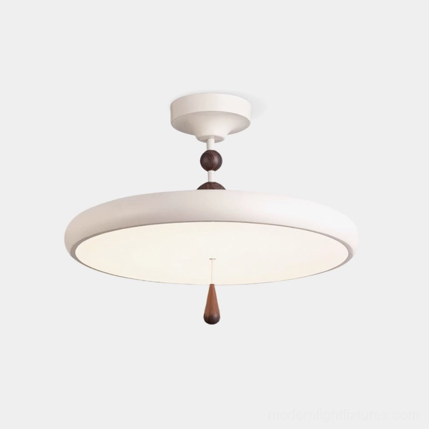Modern Spectrum Ring semi-flush ceiling light fixture with white metal frame and walnut wood accent, teardrop finial detail
