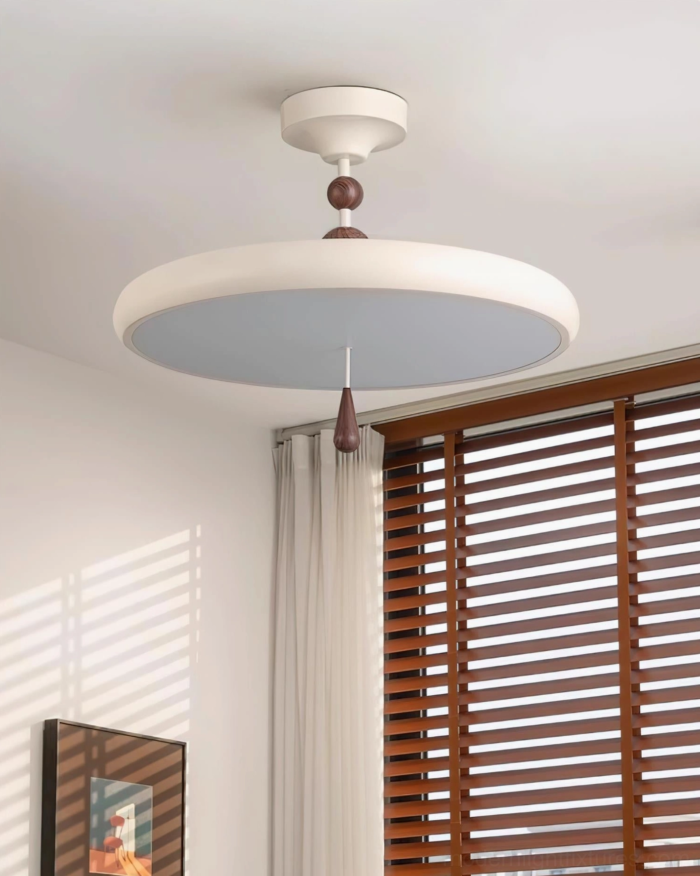 Spectrum Ring semi-flush ceiling light with two-tone finish showing grey lower panel and walnut wood details