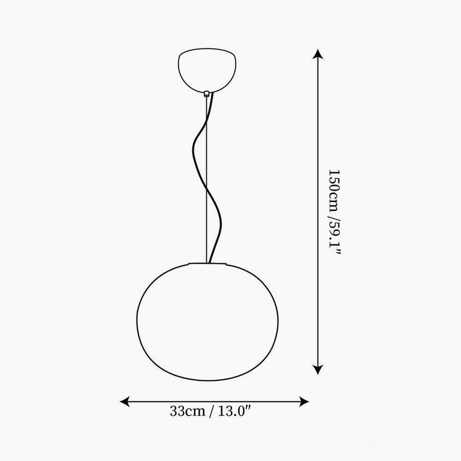 Technical specification drawing of frosted glass sphere pendant light - orthographic side view showing 33cm and 150cm dimensions