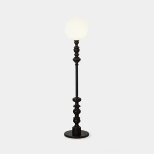 Sphereline modern globe floor lamp with black metal pole and frosted white glass shade, studio front view
