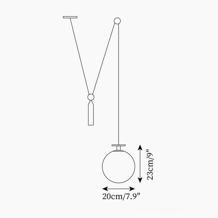Technical schematic drawing of spherical geometric pendant lamp model B dimensions 7.9 inches wide by 9 inches tall