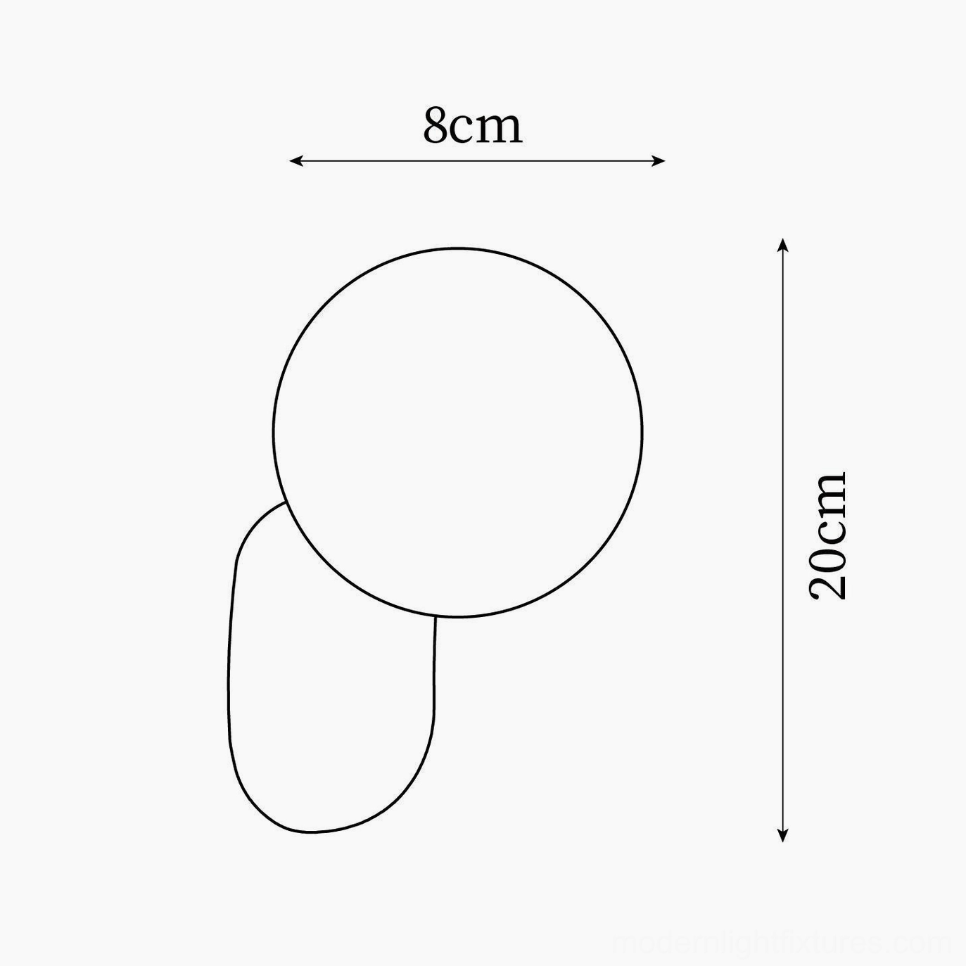 Technical schematic diagram of spherical wall sconce showing 8cm diameter and 20cm height dimensions