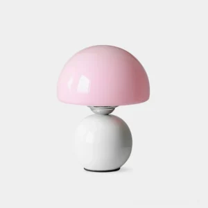 Spika mushroom table lamp with pink shade and white dual-sphere base with chrome accent, front studio view
