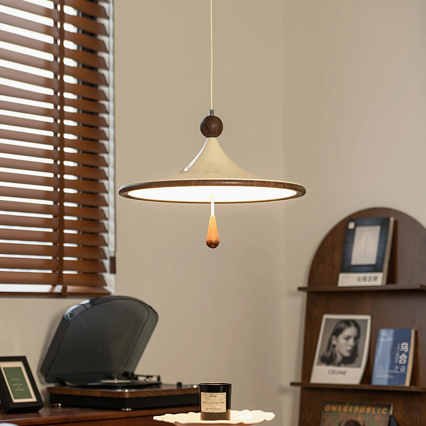 Close-up side view of Spinora pendant lamp shade and wood-grain water transfer printing detail in vintage home interior