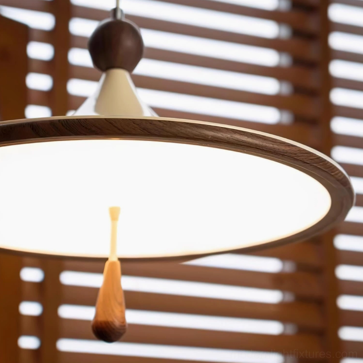 Spinora mid-century modern pendant lamp in walnut color and beige finish options, design comparison and styling inspiration
