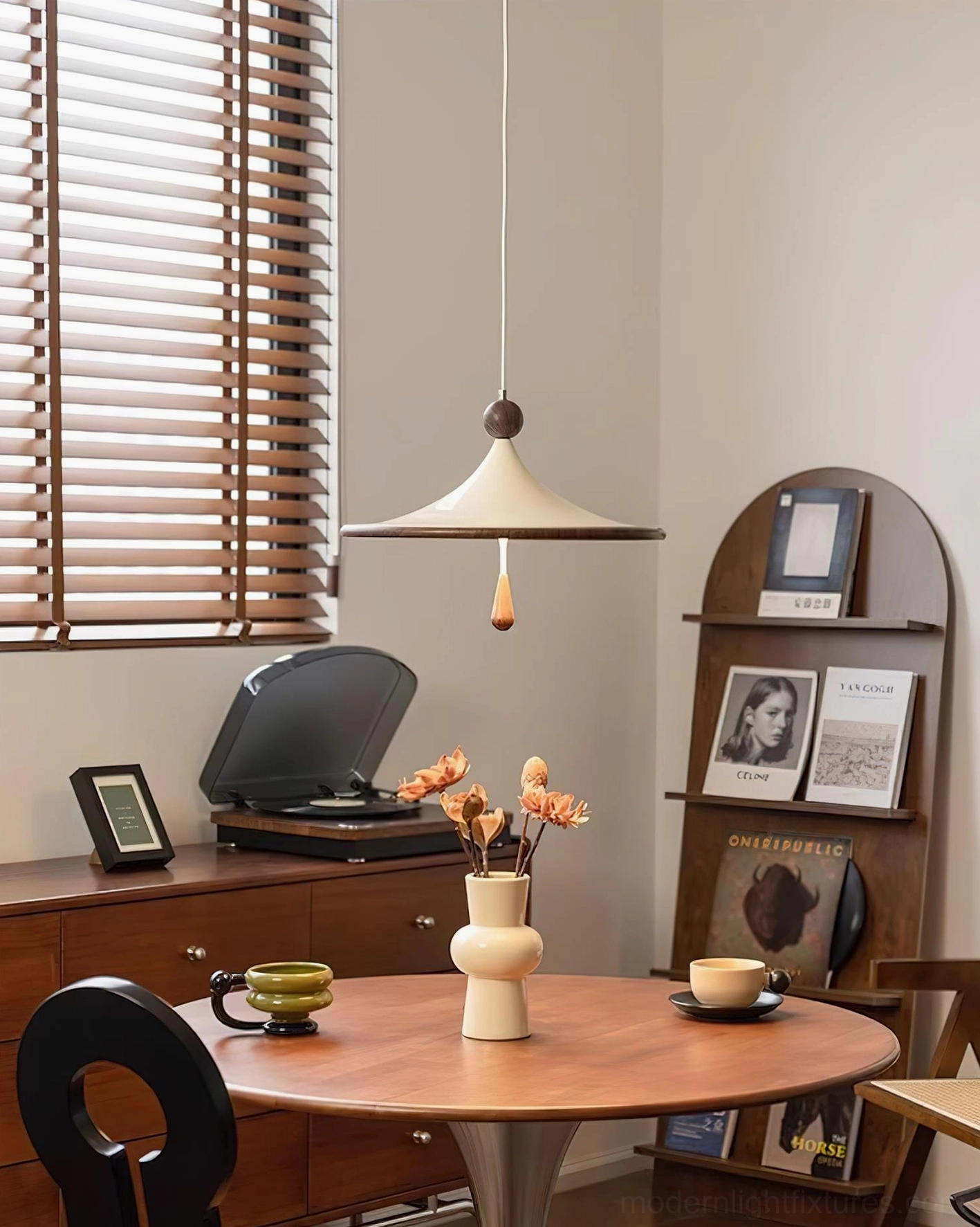 Spinora sculptural pendant light featuring integrated LED technology, acrylic shade with water transfer wood printing details