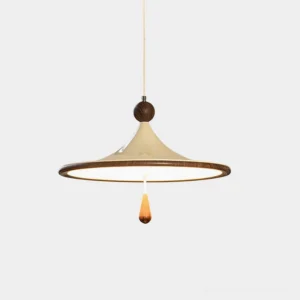 Spinora mid-century modern pendant light with flared acrylic shade and walnut wood accents, front studio view showing sculptural UFO design