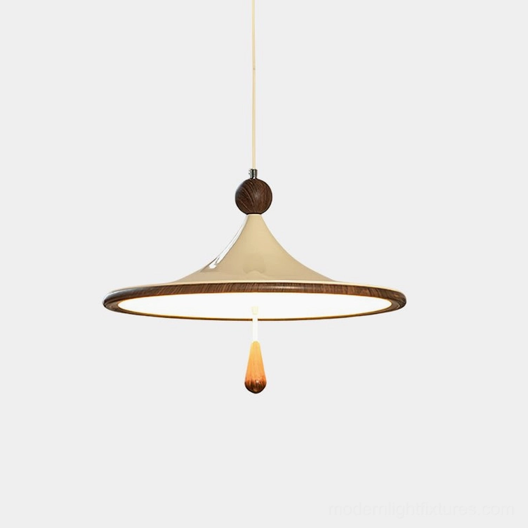 Spinora mid-century modern pendant light with flared acrylic shade and walnut wood accents, front studio view showing sculptural UFO design